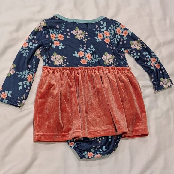 Marie Nicole Rose Velvet & Blue Floral Ruffle Bubble 6-12 mos - Picture 2 of 4